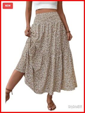 Womens Boho Maxi Skirt Floral Smocked High Waist Long with Pockets